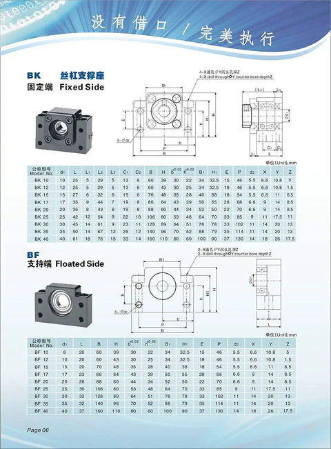 Diagram showing SFU1605 RM1605 Ball Screw Assembly BK BF12 end supports with measurements for CNC linear actuator installation.