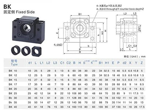 Diagram and dimensions of BK fixed side end support for Ball Screw CNC Parts SFU1605 ballscrew 16mm 1550mm.