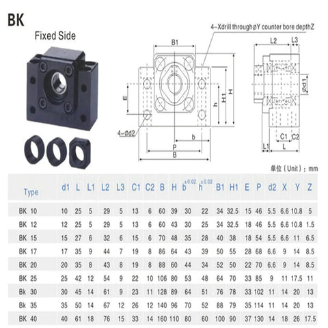 Diagram and specifications for BK fixed side support in ball screw kit sfu1605-1500mm/59.055inch with dimensions table.