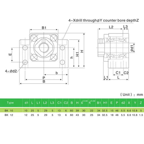 Technical diagram of ✝️ Standard End Supports 1PCS BK10, 1PCS BF10 for CNC Machine Parts SFU1204 Ball Screw dimensions and specs.