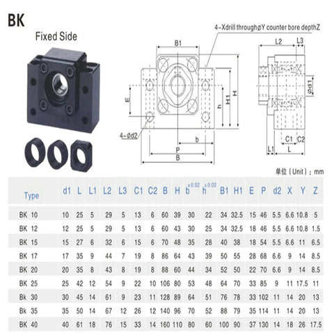 Diagram of BK fixed side support with dimensions for 650mm SFU1605 CNC Ball Screw Assembly, including table of sizes.