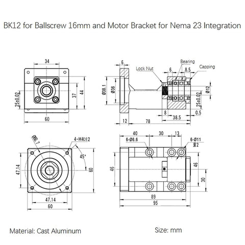 Technical diagram of Motor Mounting Bracket with BK12 Fixed Bearing End Support for Nema 23 Stepper Motor and 16mm Ball Screws