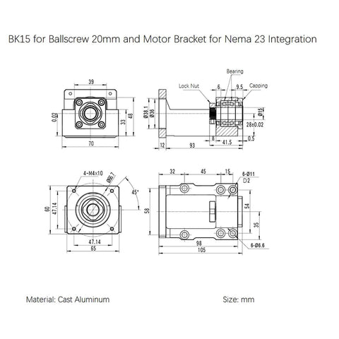 Technical diagram of BK15 Bearing for Ballscrew 20mm and Motor Bracket for Nema 23, made of cast aluminum, with measurements in mm.