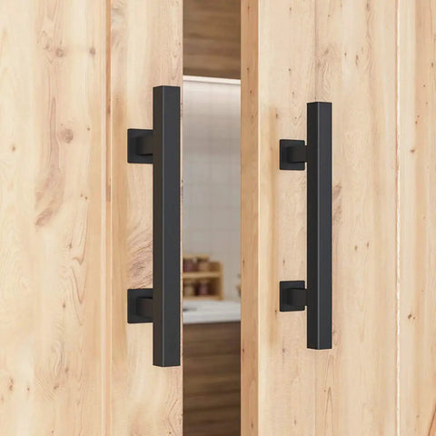 Two Piece 12 Inch Pull And Flush Barn Door Handle Set Large Rustic Two Side Design Black Square Handles on Wooden Doors