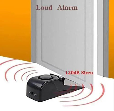 Door Stop Alarm with 120DB Siren Door Stop for Home & Travel (Black) placed under door showcasing alarm activation