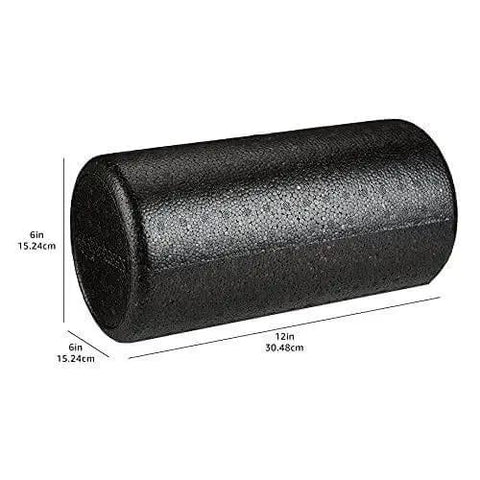 High Density 12 Inch Foam Roller for Exercise and Recovery in Black, showing dimensions and durable polypropylene core