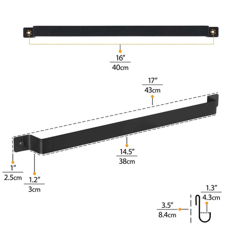 Diagram showing dimensions of Gourmet Kitchen Rail with 10 Hooks, Wall Mounted Wrought Iron Hanging Utensil Holder Rack, 17 Inch.