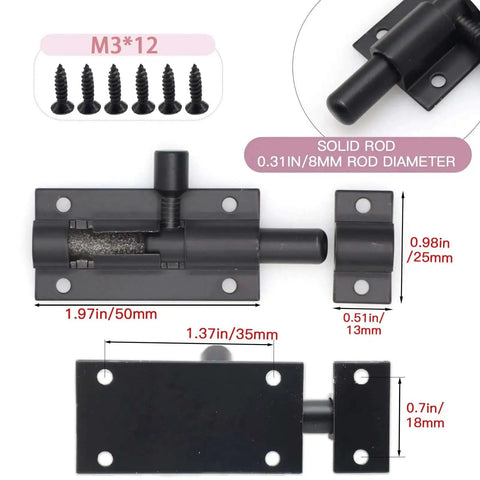 Dimensions and features of Beefy 2 Inch Black Aluminum Slide Bolt Latch for doors and gates with screws included.