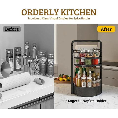 Rotating Spice Rack With Paper Towel Holder 2 Tier Lazy Susan Turntable showing organized spices and paper towels on countertop
