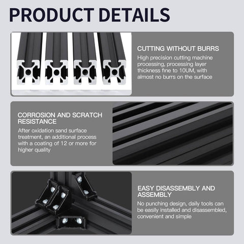 Diagram showing features of 4pcs 1000mm T Slot 2020 Aluminum Extrusion European Standard Anodized Linear Rail for 3D Printer Parts and CNC DIY Black