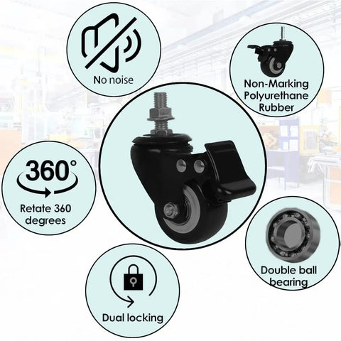 2 Inch Heavy Duty Swivel Stem Casters Set Of 4 With Double Locking Brakes, 600 Lb Capacity, 3/8-16x1 Threaded Stem, Noiseless Industrial