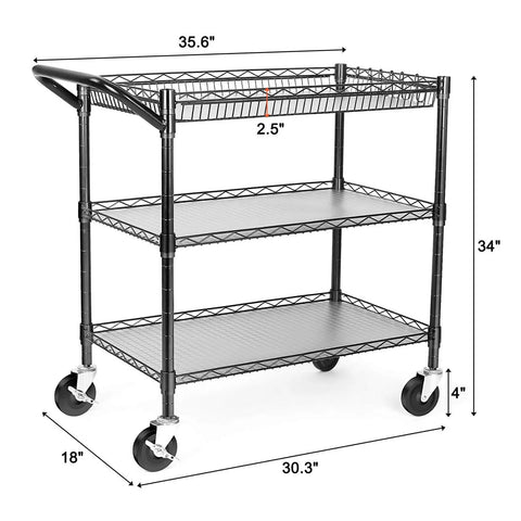 Heavy Duty Utility Cart With 990 Lbs Capacity, 3 Tier Rolling Kitchen Cart On Wheels, Commercial Grade Metal Serving Cart, Black Finish