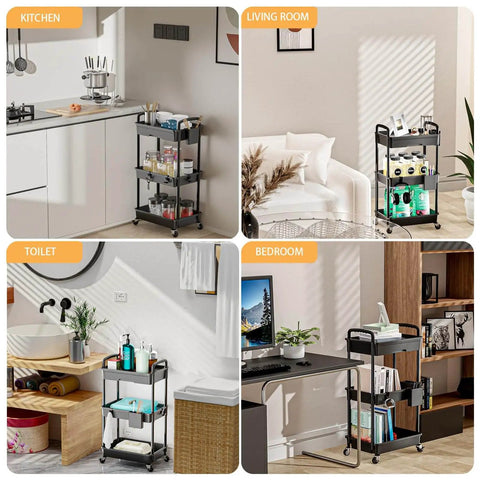 3 Tier Rolling Utility Cart With Drawer On Wheels For Kitchen Bathroom Living Room And Office Must Have Space Saving Multi Functional Storage Organizer Black By REBECAT in different room settings