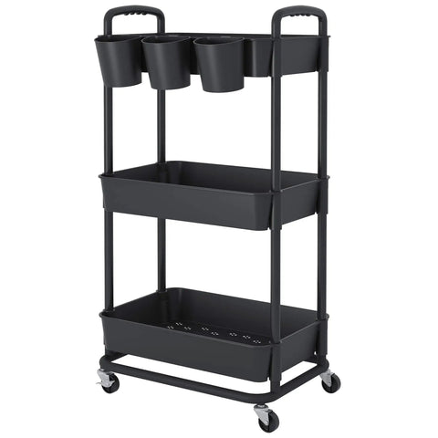 3 Tier Rolling Storage Cart With Lockable Wheels And Extra Hanging Cups For Kitchen, Bathroom, Living Room Or Office Black Heavy Duty Iron Frame, Sturdy Plastic Trays, Smooth Rolling, Easy Assembly By JIUYOTREE