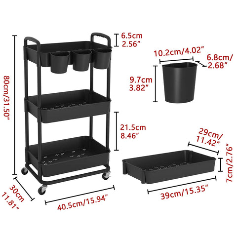 3 Tier Rolling Storage Cart With Lockable Wheels And Extra Hanging Cups For Kitchen, Bathroom, Living Room Or Office Black Heavy Duty Iron Frame.