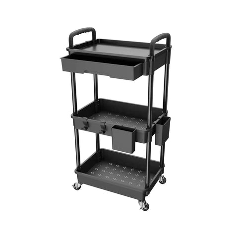 3 Tier Rolling Utility Cart With Drawer on wheels, black, multi-functional storage organizer for kitchen, bathroom, office REBECAT