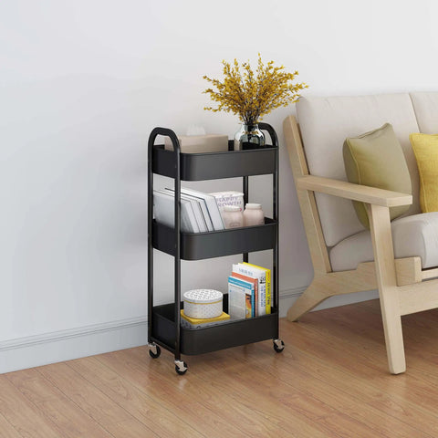 Black 3 Tier Rolling Utility Cart With Caster Wheels Four Wheels Two Lockable For Kitchen And Bathroom Super Handy For Trays