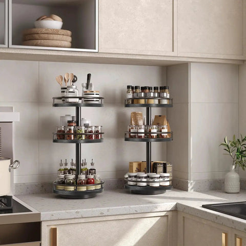 Rotating Spice Rack Lazy Susan With 360 Degree Turntable And Large Capacity Three Tier Vertical Storage Organizer on a kitchen counter.