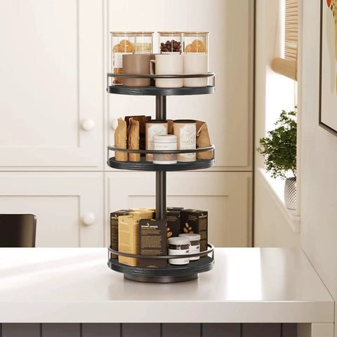 Rotating Spice Rack Lazy Susan With 360 Degree Turntable And Large Capacity Three Tier Vertical Storage Organizer on kitchen counter.