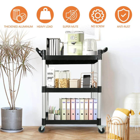 Built To Haul 3 Tier Utility Cart On Wheels With 510 Lb Capacity For Kitchen Office And Warehouse, shown with books and appliances.