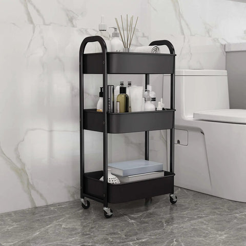 3 Tier Rolling Utility Cart With Caster Wheels Four Wheels Two Lockable For Kitchen And Bathroom Super Handy For Trays Towels