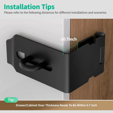 90 Degree Heavy Duty 304 Stainless Steel Padlock Hasp Lock installed on a drawer corner, demonstrating right-angle fit, black finish.