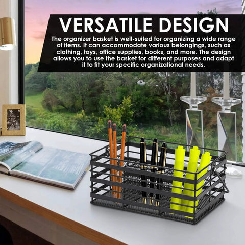 Stainless Steel Utensil Basket, Dishwasher, Flatware Basket, 4-Compartment, Black, on Desk with Office Supplies
