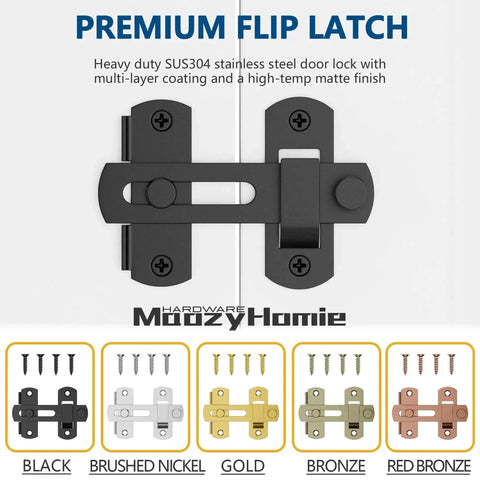 4 Inch Flip Gate Latch Set 180 Degree Barn Door Lock SUS304 Stainless Steel Black Finish shown with color options