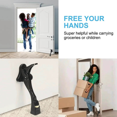 Black Kick Down Door Stoppers for Bottom of Door, Heavy Duty Kickdown Door Stop in use with open door and family carrying groceries