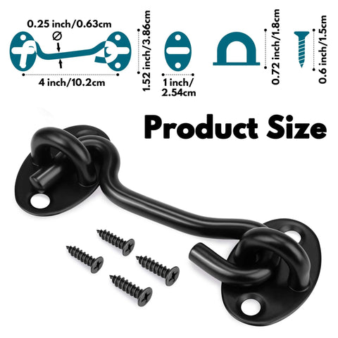(2 Pack) Privacy Hook and Eye Latch for Barn Door, Stainless Steel Gate Latch Barn Door Lock in black, with screws, 4 Inch size diagram
