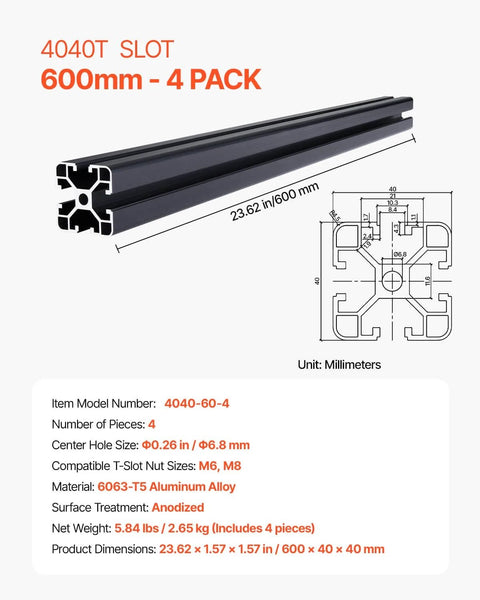 4PCS 23.6 in (600 mm) T Slot 4040 Aluminum Extrusion Profile, European Standard Anodized Linear Rail in Black