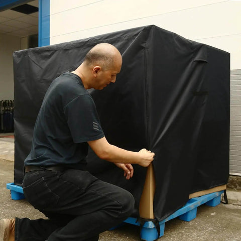Heavy Duty Water Resistant Pallet Cover With 420D Oxford PU Coated Fabric, Double Stitched Top, Zipper Closure, Installed