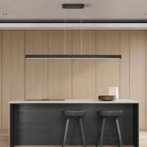 47 Inch Black Linear Pendant Light With Wood Finish Dimmable LED Ceiling Fixture For Dining Room Kitchen Island And Pool Table Remote Control And App Connectivity Modern Industrial Lighting For Home installed over kitchen island