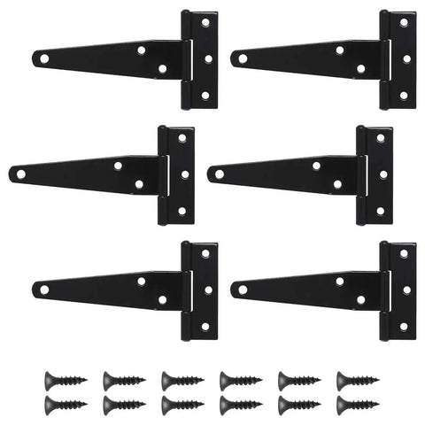 Six Pack 4 Inch T Strap Hinges Black Outdoor Gate Hinges For Wooden Fences laid out with screws, heavy duty carbon steel.