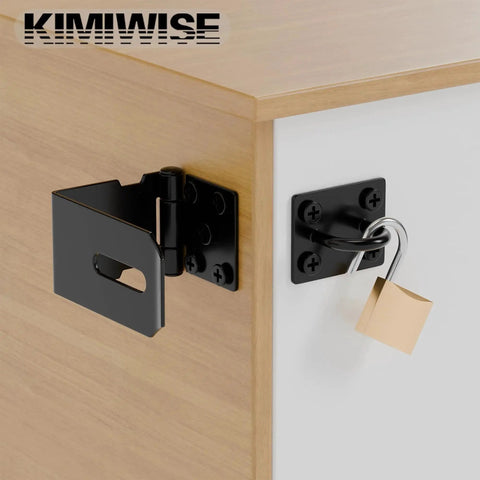 5 Inch Door Hasp And Latch 90 Degree Right Angle Heavy Duty Stainless Steel Padlock Hasp installed on wooden cabinet