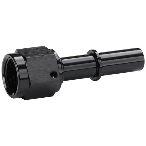 6AN Female Swivel to Three Eighths Inch Quick Disconnect EFI Fuel Fitting Adapter Straight Aluminum Black Push On Swivel End to Male SAE Quick Connect