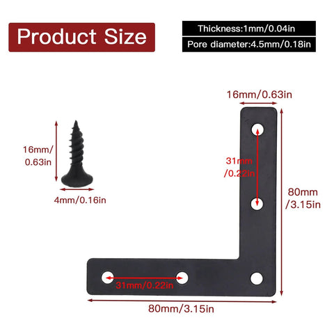 ✝️ 20pcs Black L Flat Shape Braces Corner Bracket, 80x80 mm Decorative Corner Brackets Mending Plate, Cold Rolled Steel 90 Dgree Angle Bracket