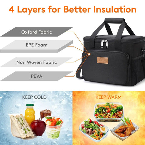 This 9L insulated lunch bag keeps meals fresh and portable with space for 12 cans, a water resistant 600D exterior, and a soft cooler design. Shown with 4-layer insulation and food images.
