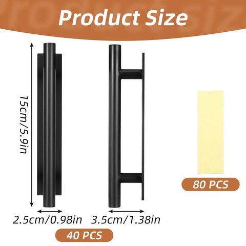 Product size illustration of 40 Pack Peel and Stick Cabinet Handles ABS Plastic Self Adhesive Drawer Pulls for Kitchen Cabinets Closets and Furniture, 5.9 x 1.38 x 0.98 Inches, 80 Adhesive Strips Included, Black.