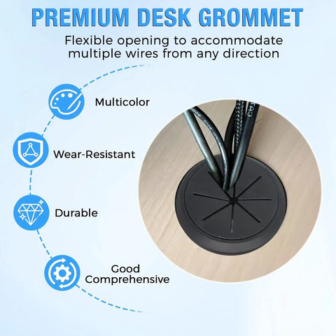 Maintain a clean, organized workspace with this grommet showing black, round ABS desk grommet with multiple cables inserted.