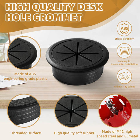 Desk Grommet 2 Inch (50 mm) 8 Pieces, Desk Hole Cover for Cables Black, ABS Plastic Grommet Hole Cover with Hole Saw display