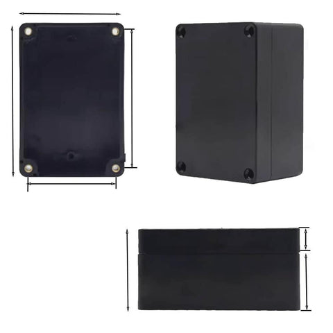 Front, side, and top views of black IP65 Rated ABS Plastic Electrical Enclosure Box For Electronics, includes screws and cable gland placements.