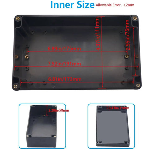 Image showing inner dimensions of Outdoor IP67 Waterproof Electrical Box In Black ABS Junction Box With Cable Glands For DIY Projects