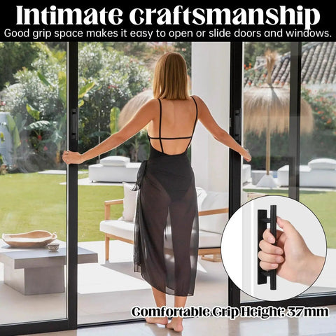 Woman using 30 Pack Self Stick Push Pull Cabinet Handles In Black ABS Plastic No Drill Adhesive Peel And Stick for sliding doors.