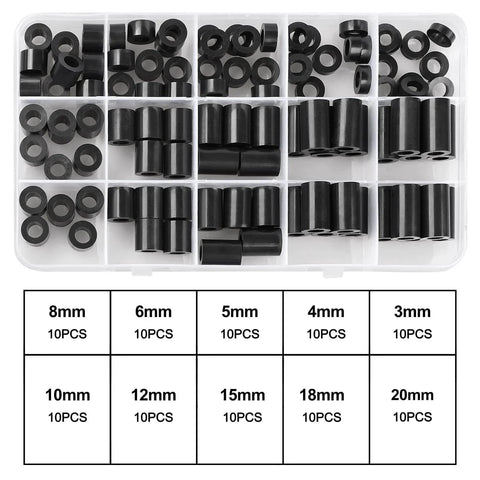 Black ABS Round Washers Set Assortment Kit NonThreaded For M6 Screws with various thicknesses in organized case