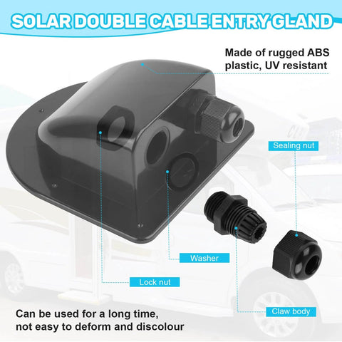 Waterproof ABS Dual Cable Entry Gland Box for Solar Panels 2 Pack Black, showing sealing nut and lock nut components.