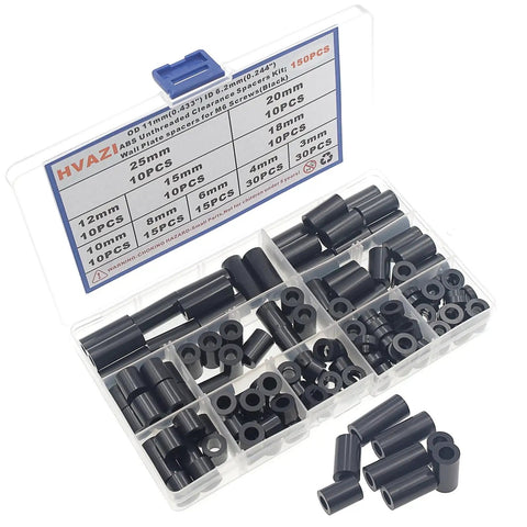 11mm Outer Diameter ABS Unthreaded Clearance Spacers Standoffs Kit for M6 Screws in organized box, 150 pcs, black