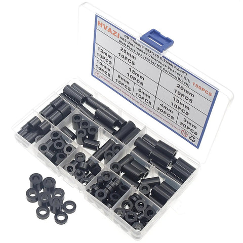 Box of 150 black 11mm Outer Diameter ABS Unthreaded Clearance Spacers Standoffs Kit for M6 Screws, various lengths.