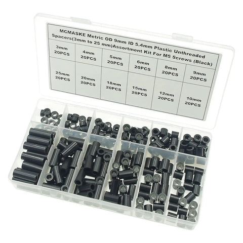 Black ABS Round Spacers For M5 Screws Kit 240 Pcs, OD 9mm ID 5.4mm Nonthreaded Standoffs, 3mm to 25mm Lengths shown in storage box