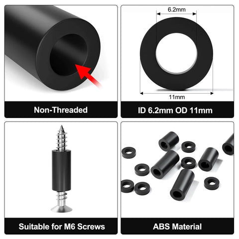 Black ABS Round Washers Set Assortment Kit NonThreaded For M6 Screws Inner Diameter 6.2mm Outer Diameter 11mm Various Thicknesses